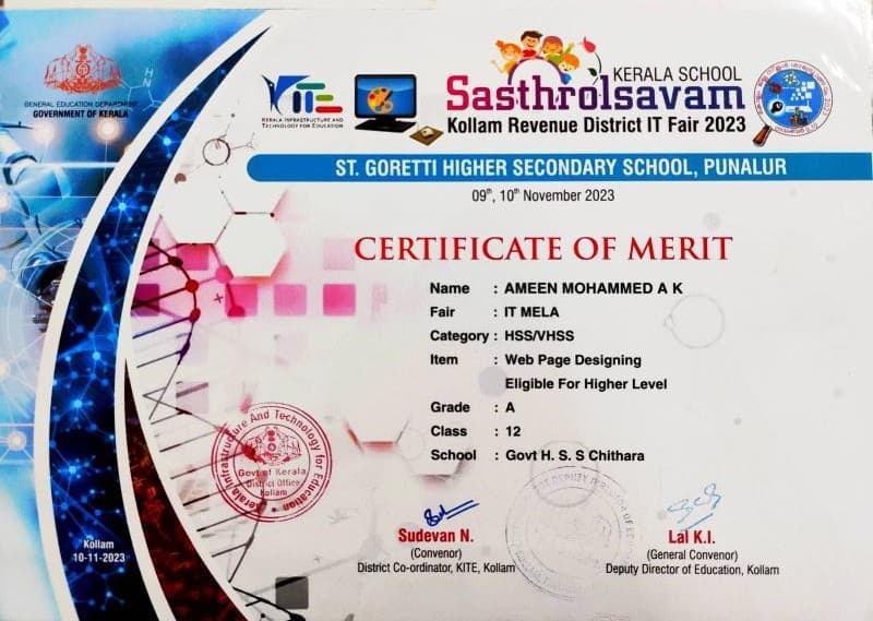 First Grade Winner – District Level Web Designing Competition